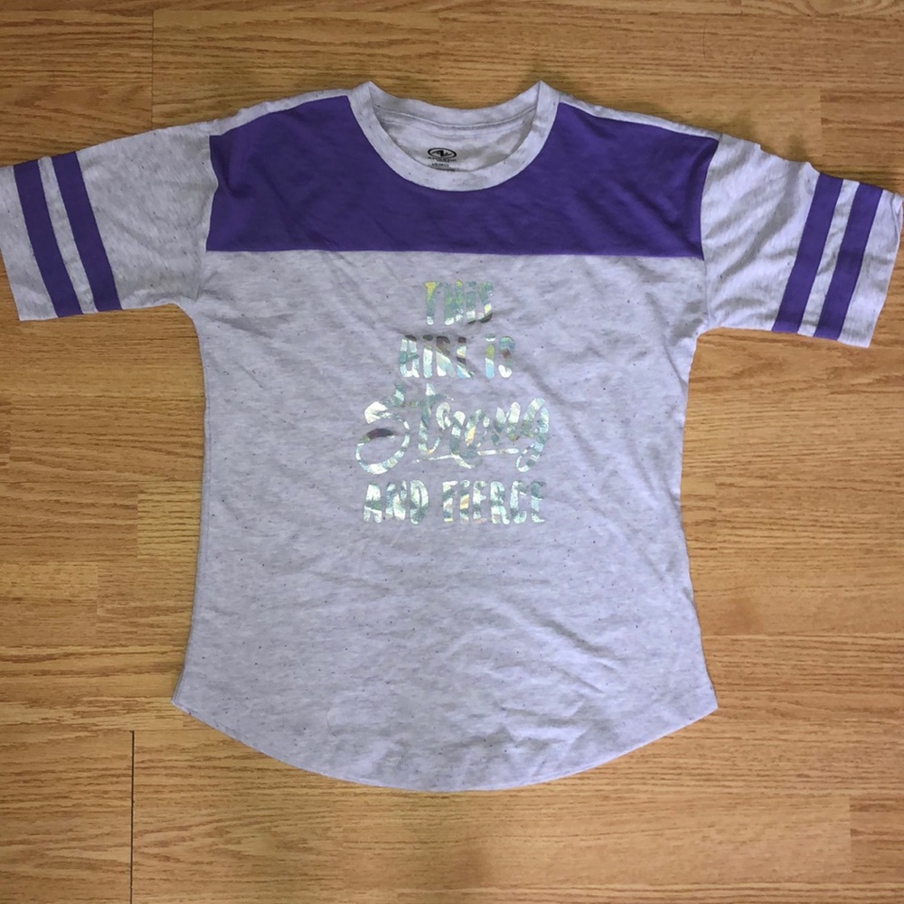 Dark and light purple shirt with metallic words